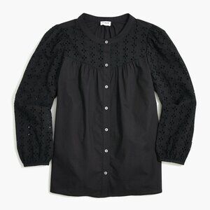 J. Crew Mixed Media Button Up Eyelet Blouse Top In Black Size S EUC